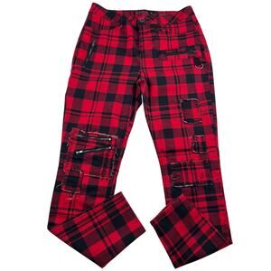 Blackheart Red & Black Plaid Skinny Pants size Juniors 13 patches zipper Goth